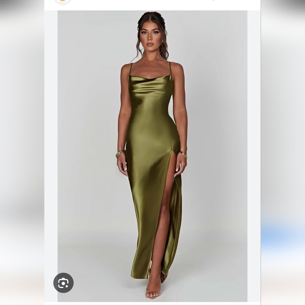 BabyBoo Olive Satin Cowl Neck Slip Dress with Thigh Slit